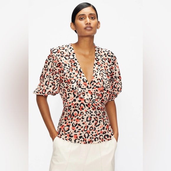 TED BAKER London Size 4‎ Large Coral Frill Balloon Sleeve Animal Print Top - Picture 1 of 7